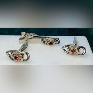 Vintage Cufflinks & Tie Clip Set | Red Rhinestone Modernist Design